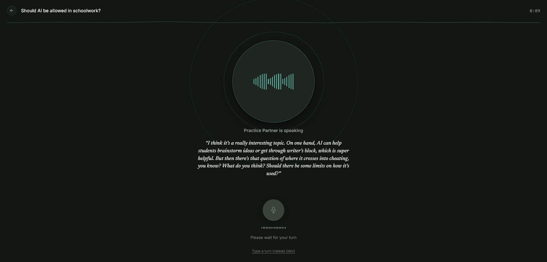 Colloquy live conversation screen, with the AI practice partner speaking