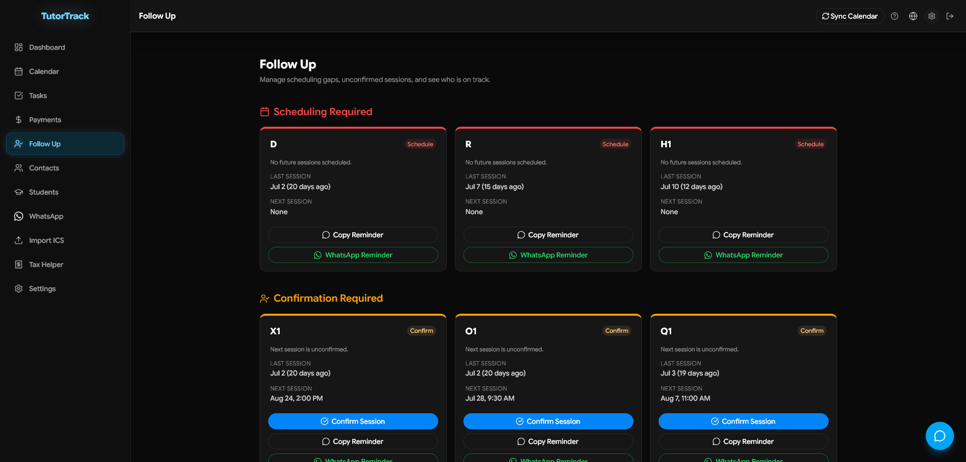 TutorTrack follow-up management screenshot